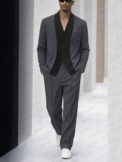 Smart Casual Stripe Splicing Jacket Pants Suit Set