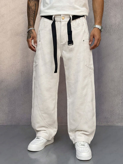 Casual Loose Fit Pockets Belted Suede Pants