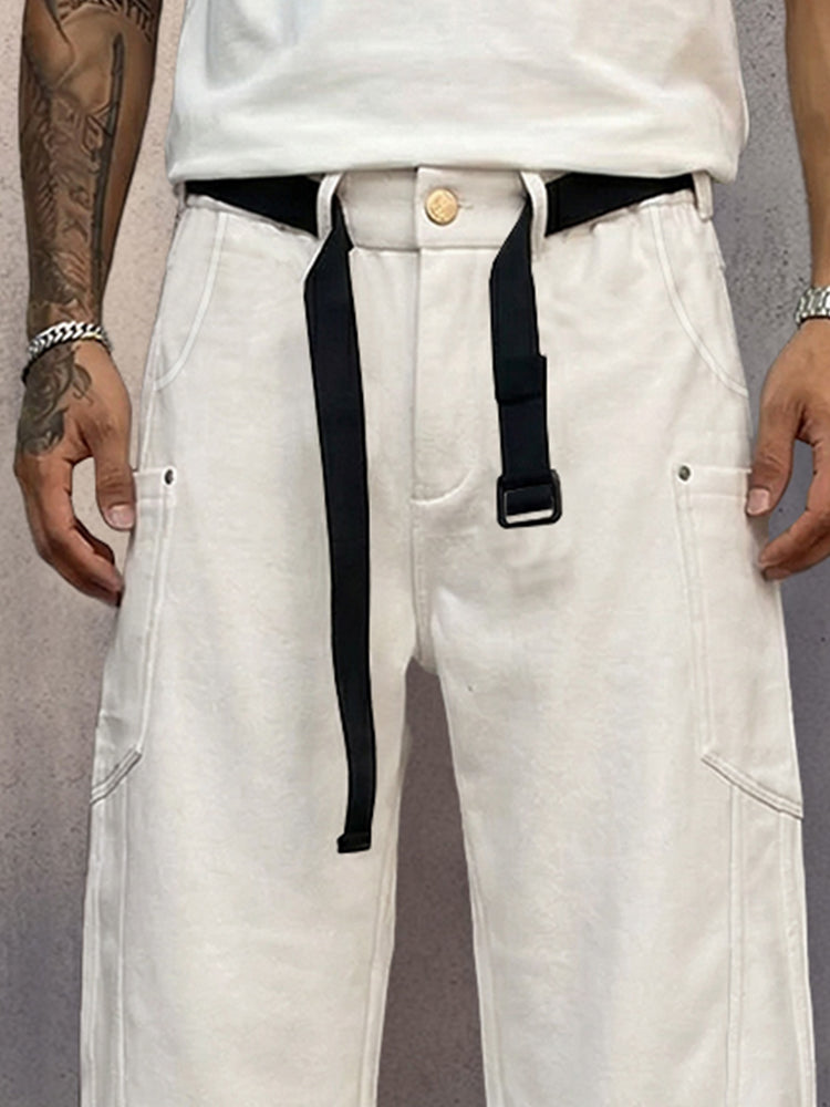 Casual Loose Fit Pockets Belted Suede Pants