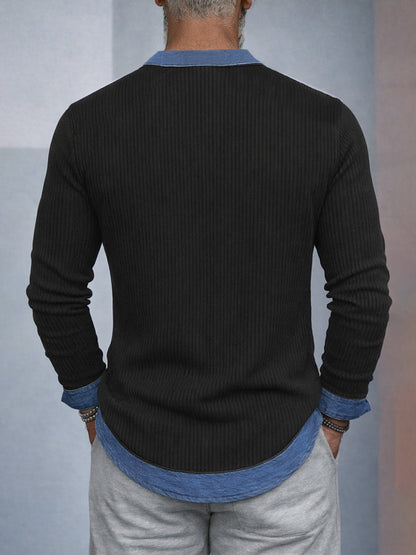 Stylish Denim Patchwork Knit Henley Shirt