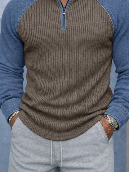Stylish Two-Tone Denim Splicing Ribbed Knit Top
