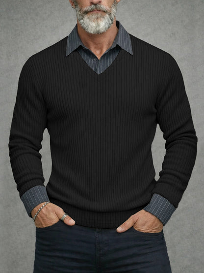 Casual Striped Patchwork Fake Two-Piece Knit Shirt