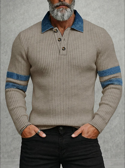 Modern Denim Patchwork Knit Polo Shirt