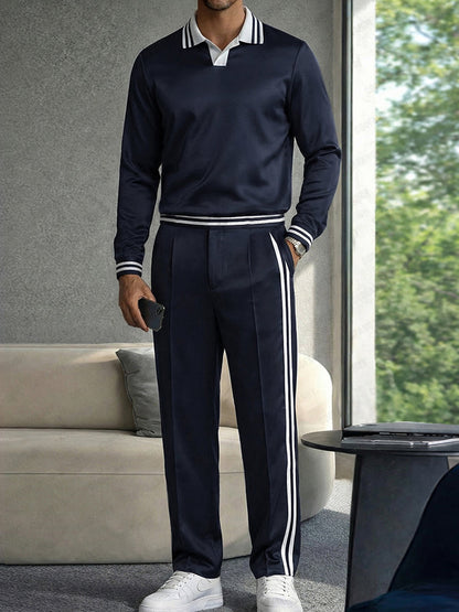 Casual Contrast Striped Polo Shirt Pants Set