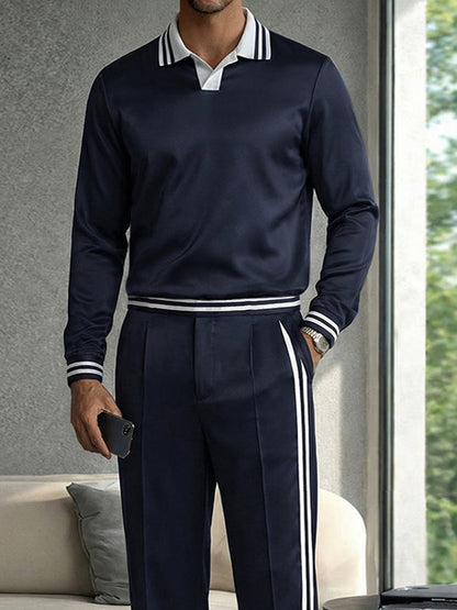 Casual Contrast Striped Polo Shirt Pants Set