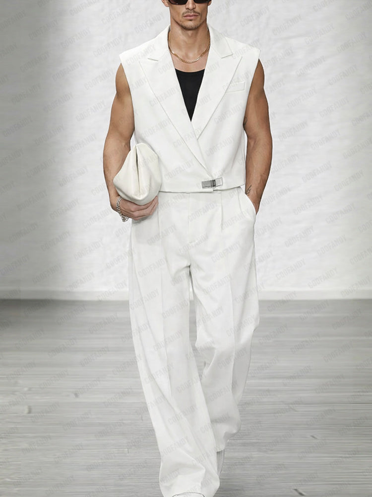 Trendy Lapel Vest and Wide-Leg Pants Set