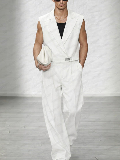 Trendy Lapel Vest and Wide-Leg Pants Set