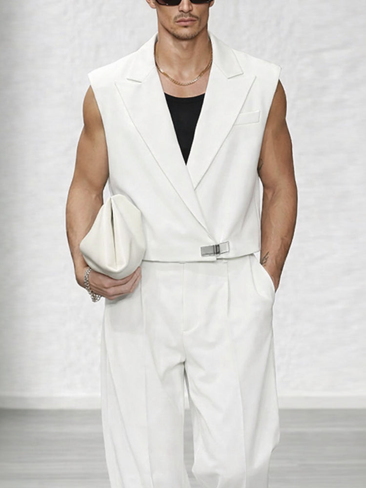 Trendy Lapel Vest and Wide-Leg Pants Set