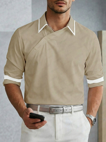 Casual Slant Placket Long Sleeve Cotton Shirt