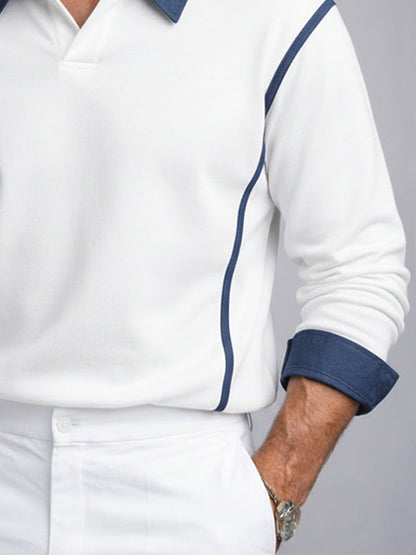 Versatile Contrast Denim Patchwork Polo Shirt