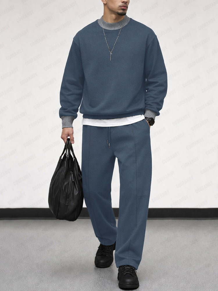 Urban Casual Contrast Ribbed Sweatshirt Set