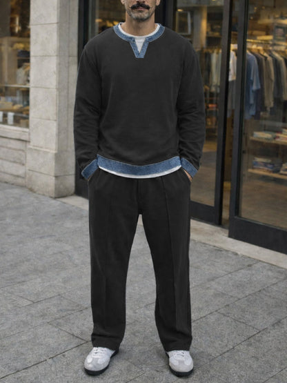 Denim Contrast Trim Relaxed Sweatsuit Set