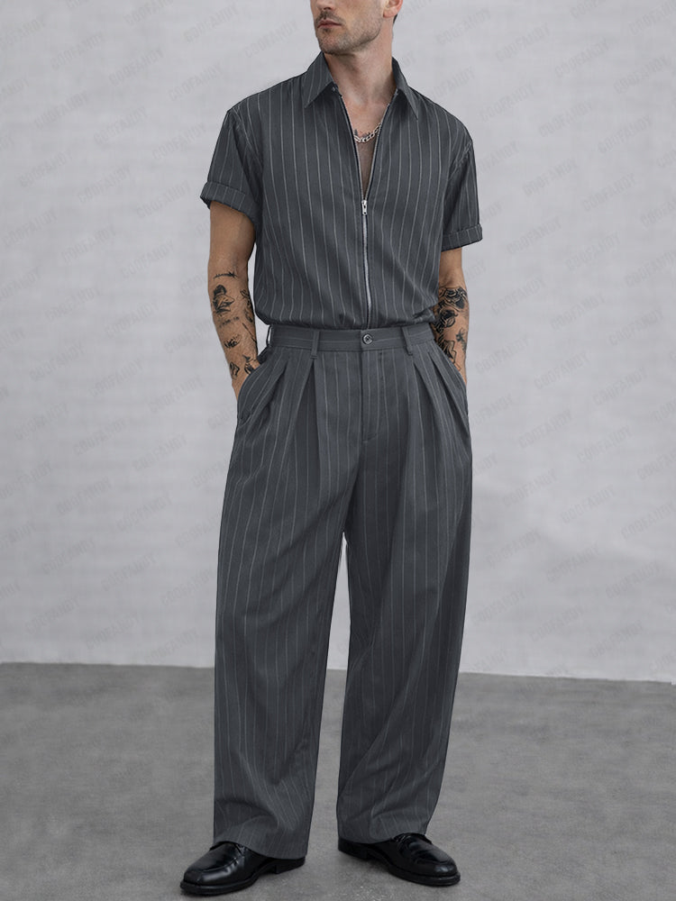 Stylish Stripe Short Sleeve Shirt Pants Set