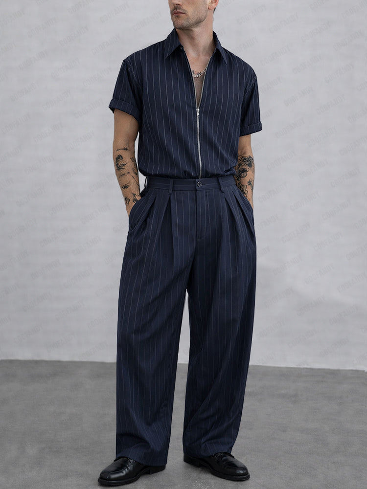 Stylish Stripe Short Sleeve Shirt Pants Set