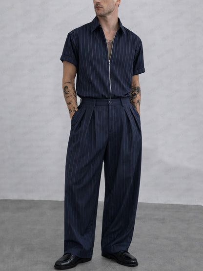Stylish Stripe Short Sleeve Shirt Pants Set