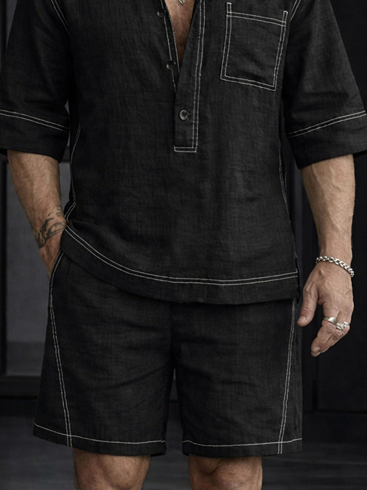 Summer Casual 100% Cotton Henley Shirt Set