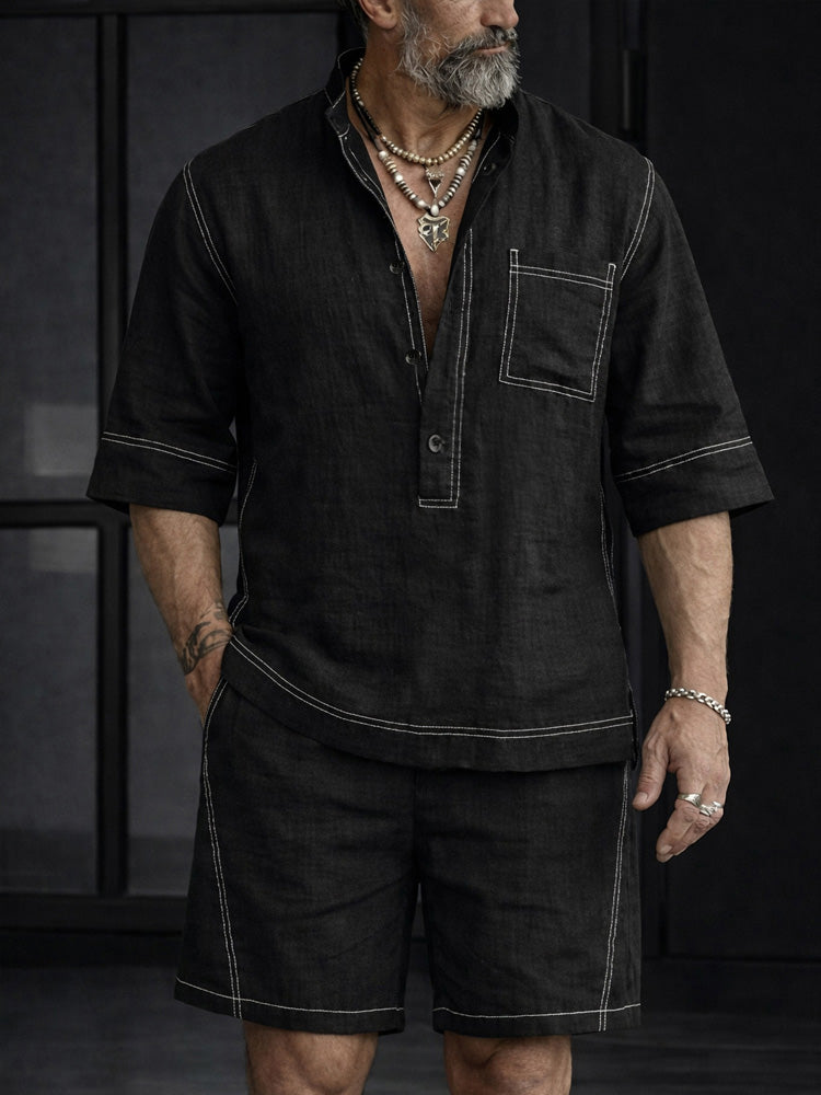 Summer Casual 100% Cotton Henley Shirt Set