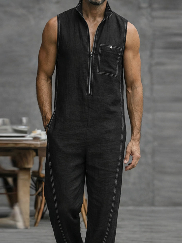Casual Contrast Stitch 100% Cotton Jumpsuit