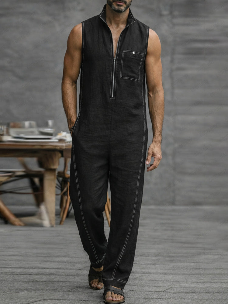 Casual Contrast Stitch 100% Cotton Jumpsuit