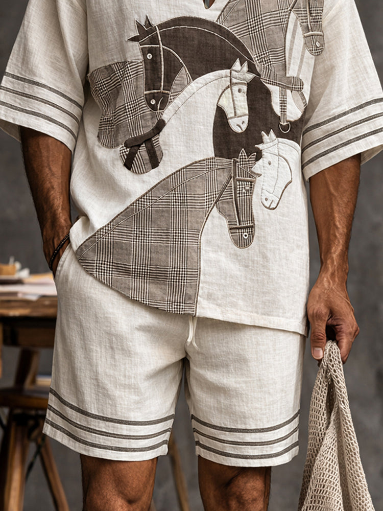 Trendy Horse Pattern 100% Cotton T-shirt Shorts Set