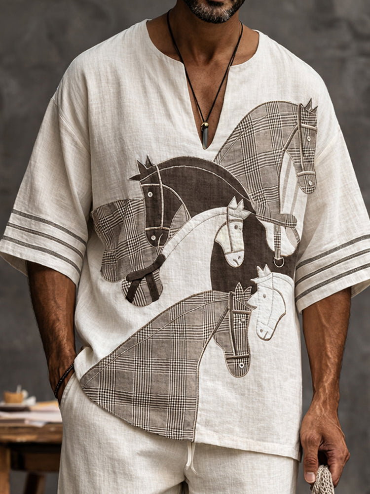 Trendy Horse Pattern 100% Cotton T-shirt Shorts Set