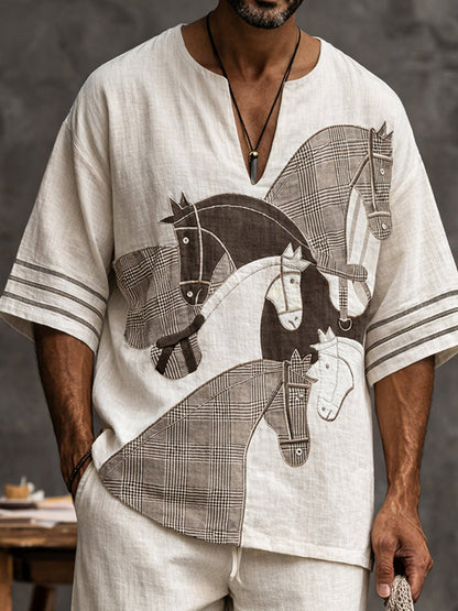 Trendy Horse Pattern 100% Cotton T-shirt Shorts Set