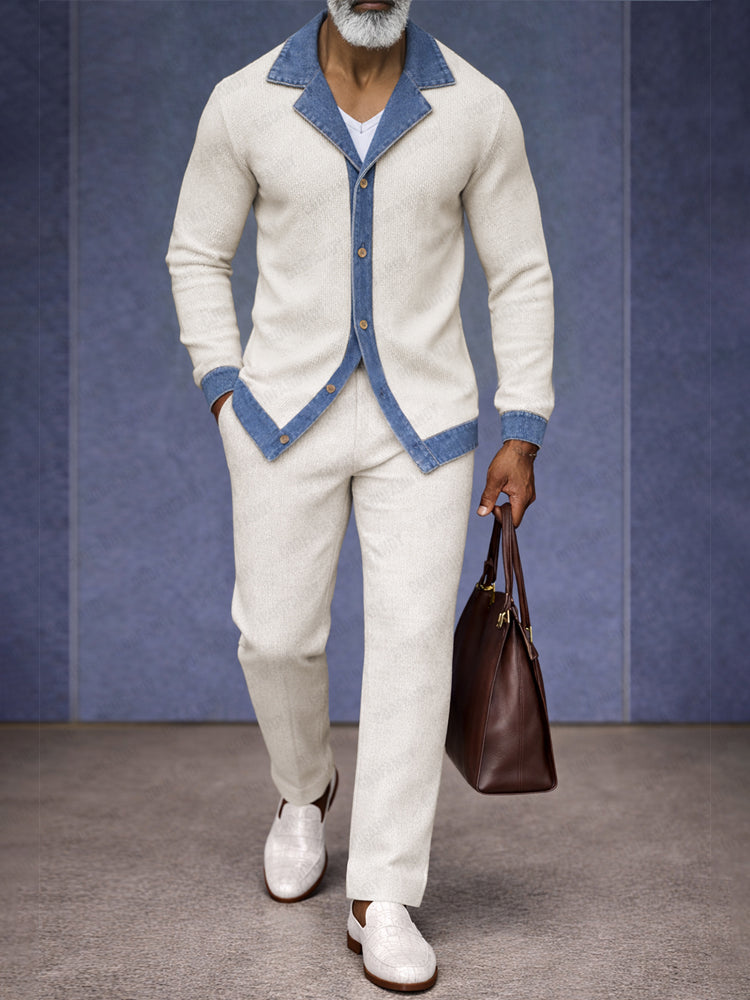 Urban Two-Tone Denim Splicing Shirt Pants Set