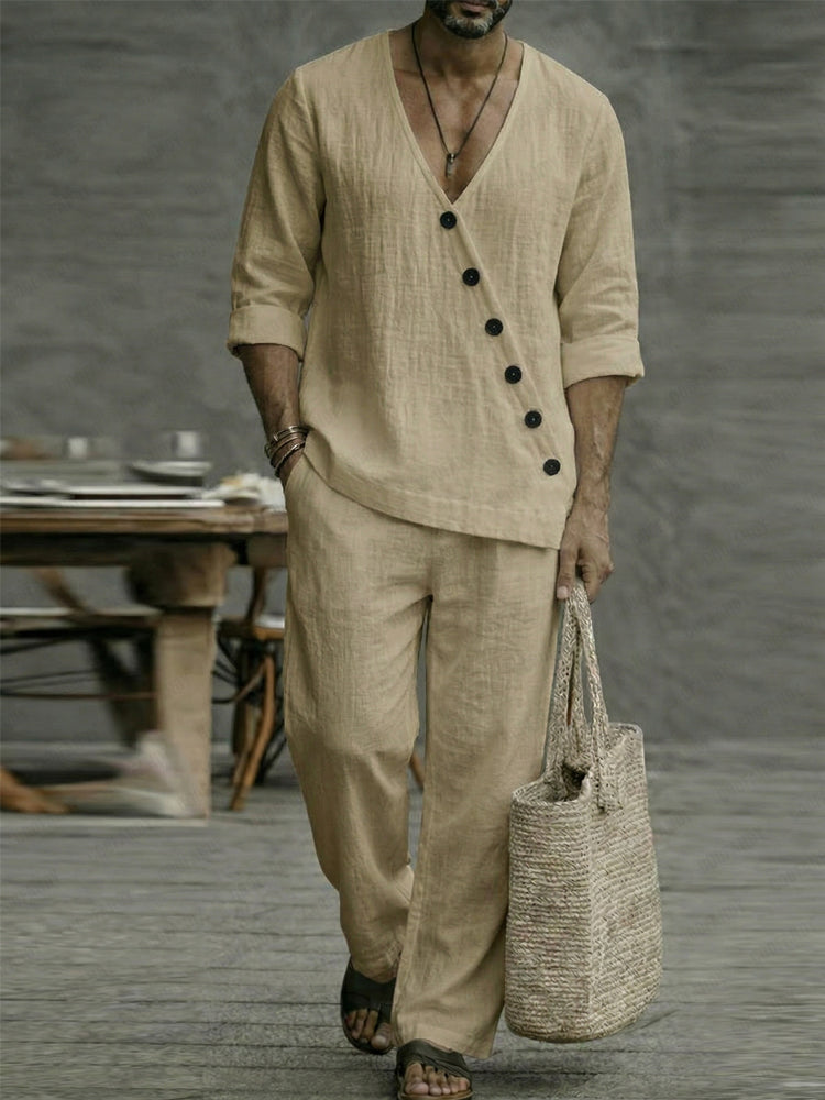Minimalist 100% Cotton Slant Placket Shirt Pants Set