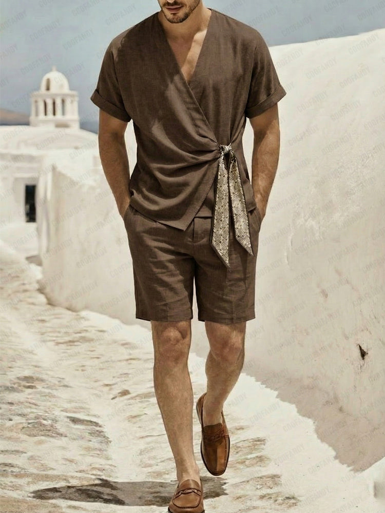 Minimalist Short Sleeves Shirt Shorts Set with Scarf Tie Closure