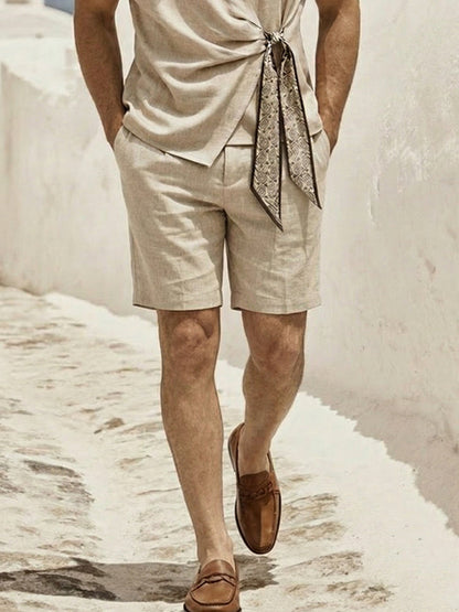 Minimalist Short Sleeves Shirt Shorts Set with Scarf Tie Closure