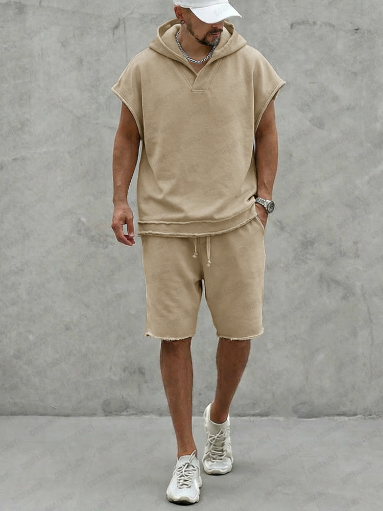 Casual Summer Raw Edge Hoodie Shorts Set