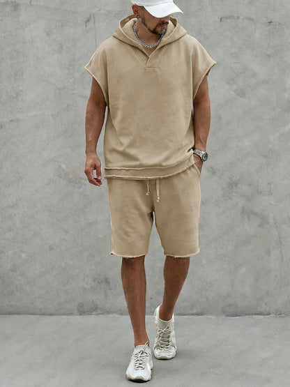 Casual Summer Raw Edge Hoodie Shorts Set