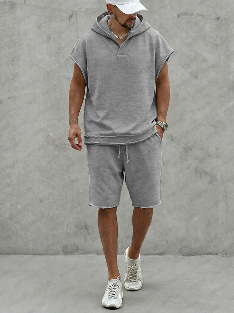 Casual Summer Raw Edge Hoodie Shorts Set