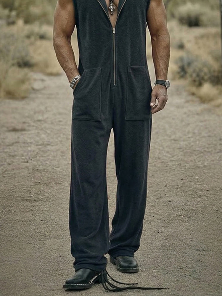 Casual Loose Front Zip Sleeveless Hooded Jumpsuit