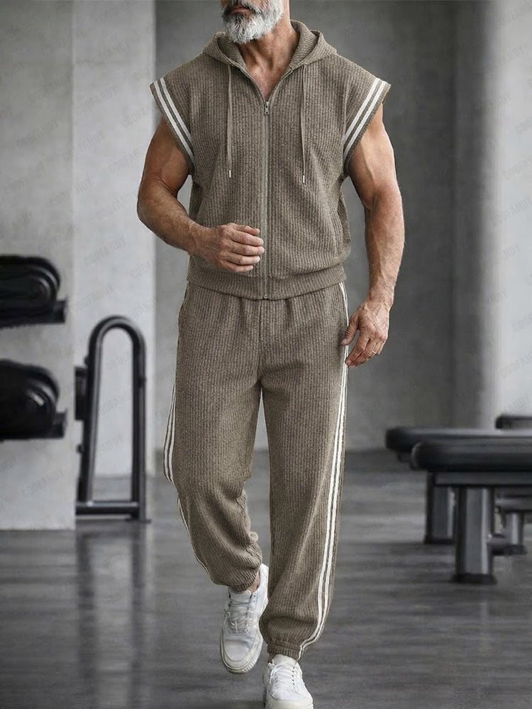 Casual Sleeveless Hooded Side Stripe Sports Set