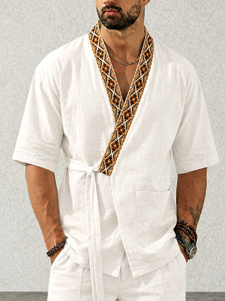 Casual Washed Cotton Kimono Shirt Shorts Set