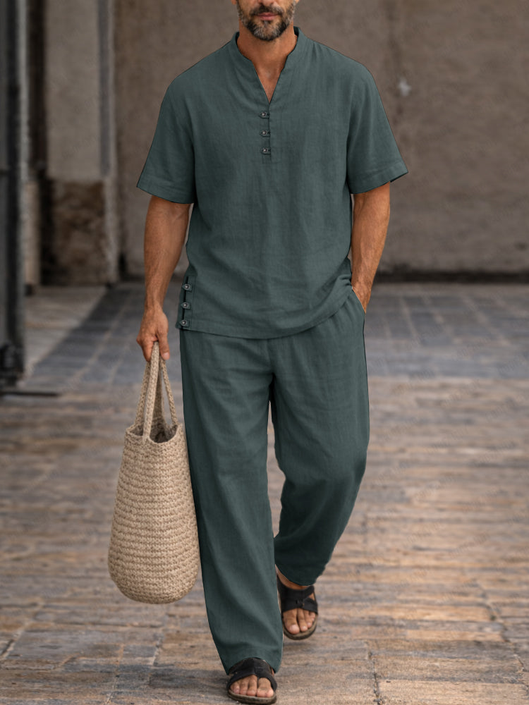 Soft Washed Cotton Henley Shirt Pants Set