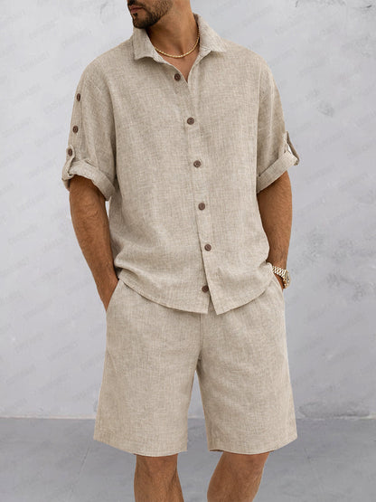 Essential Textured Shirt Shorts Set with Rollable Sleeves