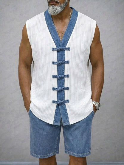 Casual Contrast Denim Textured Vest Shorts Set
