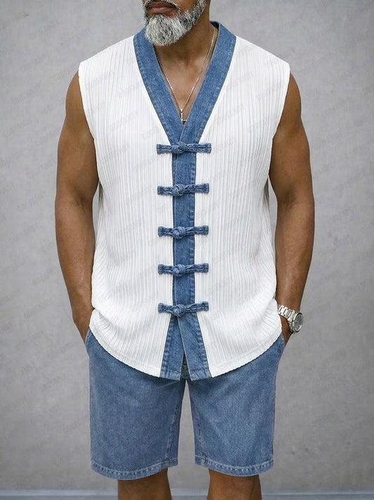 Casual Contrast Denim Textured Vest Shorts Set