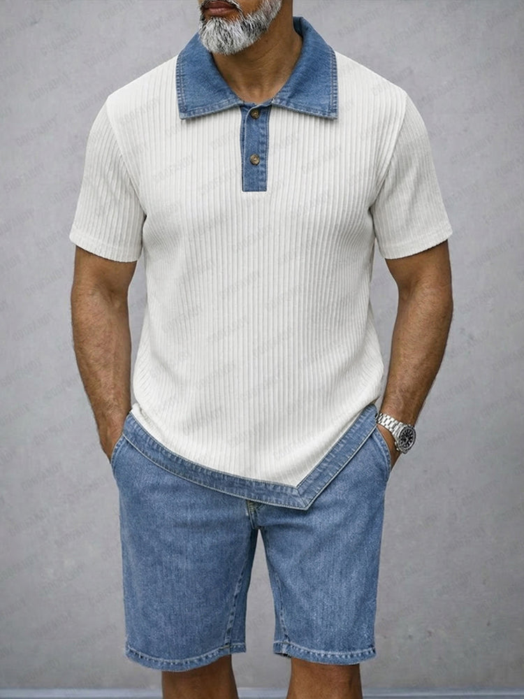 Casual Summer Contrast Denim Textured Matching Set