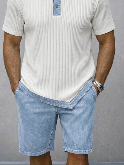 Casual Summer Contrast Denim Textured Matching Set
