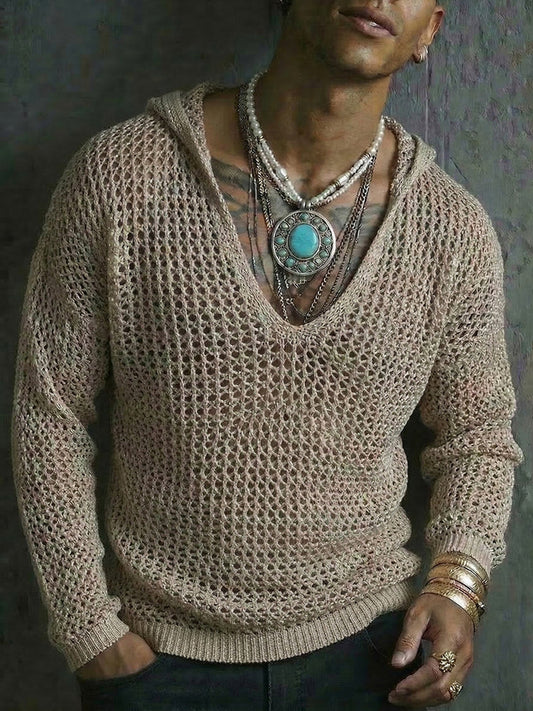 Boho Style Vacation Crochet Knit Hooded Top