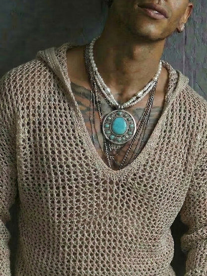 Boho Style Vacation Crochet Knit Hooded Top