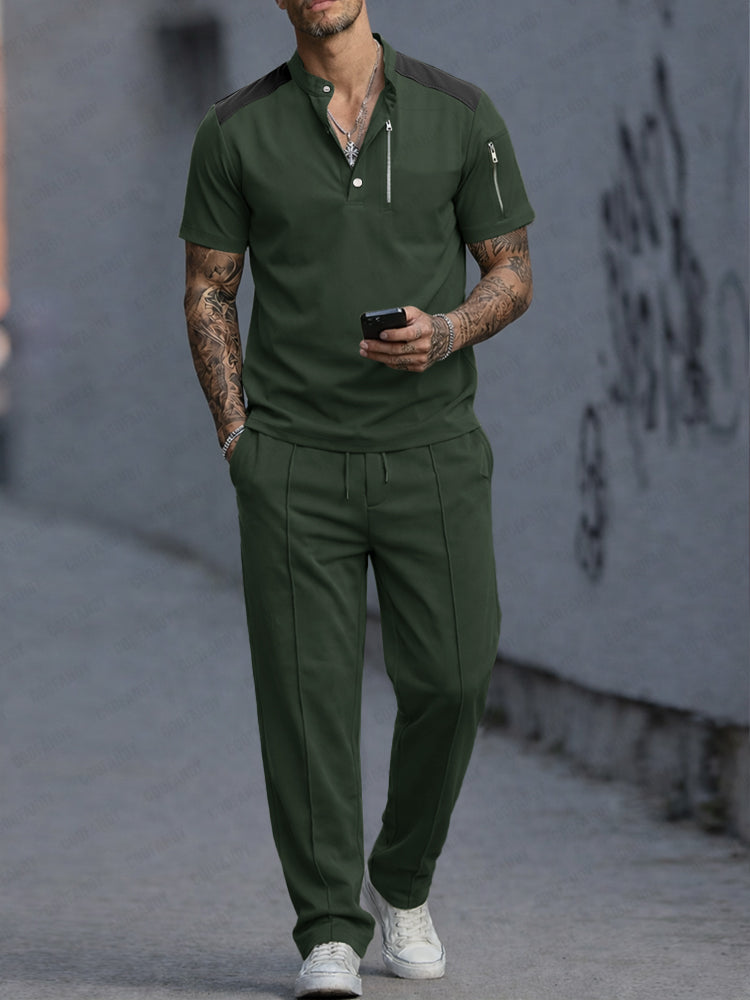 Athleisure Zip Pocket Henley T-Shirt Pants Set
