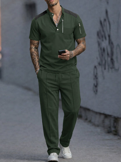 Athleisure Zip Pocket Henley T-Shirt Pants Set