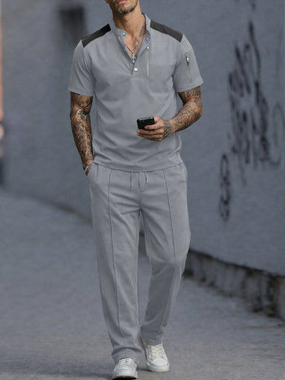 Athleisure Zip Pocket Henley T-Shirt Pants Set