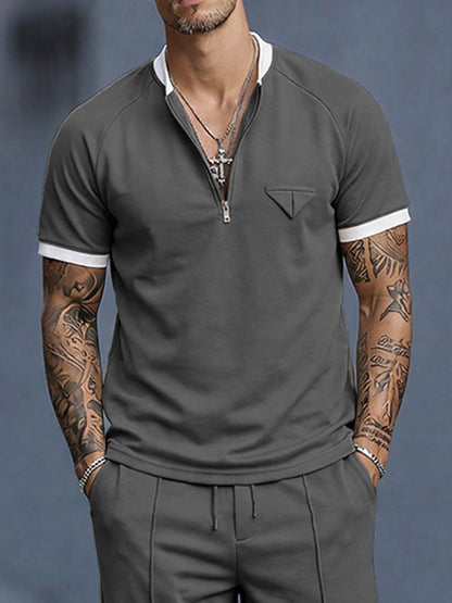 Smart Casual Contrast Color Half Zip T-Shirt Set
