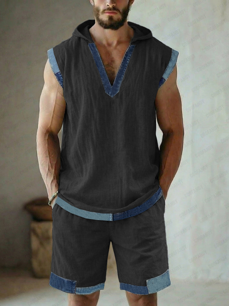 Street Style Denim Patchwork Tank Top and Shorts Set