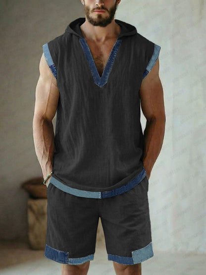 Street Style Denim Patchwork Tank Top and Shorts Set
